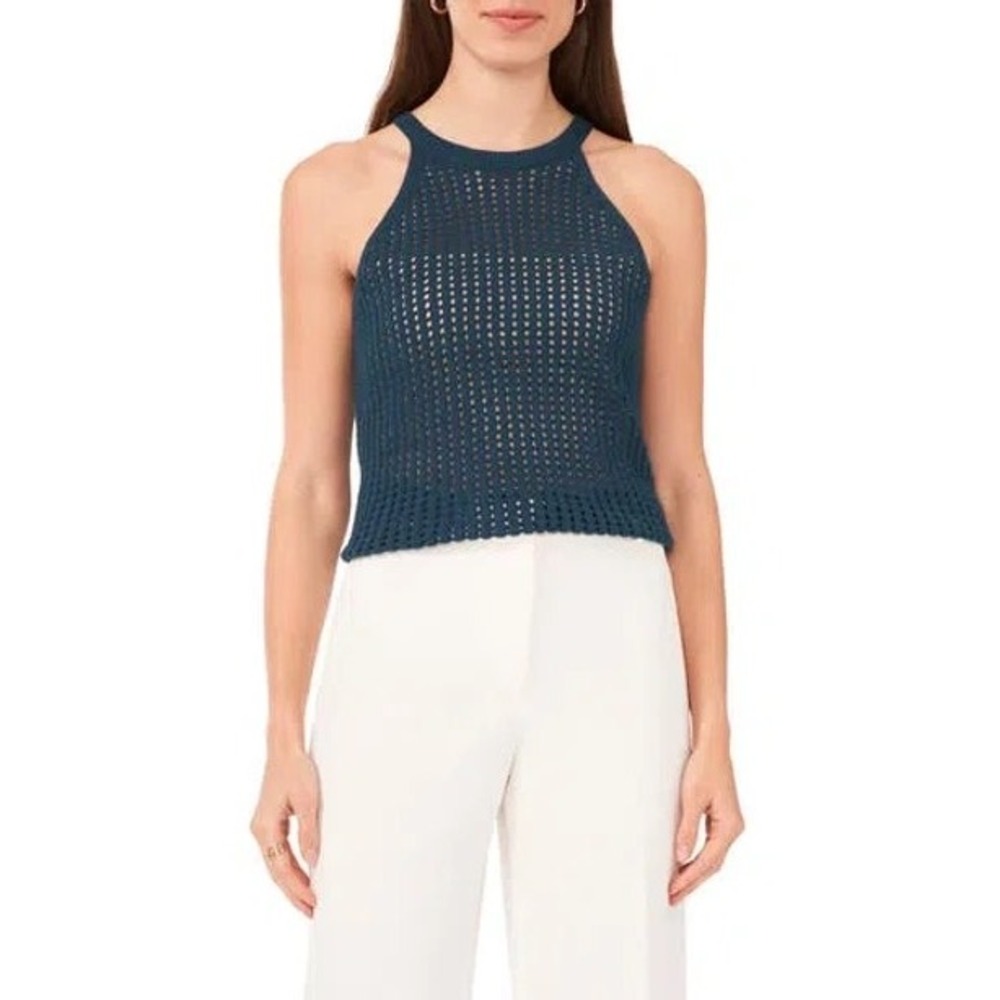 NEW Halogen Knit Tank Top Sleeveless Open Weave‎ Reflecting Pond Blue Large NWT